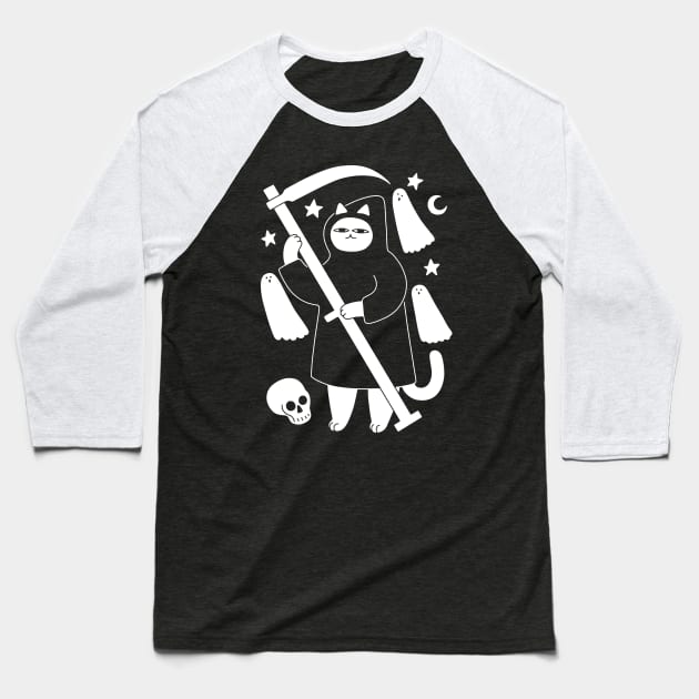 Spooky Grim Reaper Cat Baseball T-Shirt by obinsun